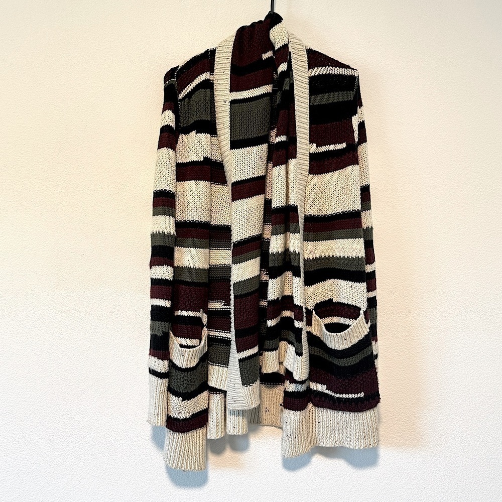 Hinge Wool Blend Green Black Maroon Cream Longline Open Front Cardigan Sweater S